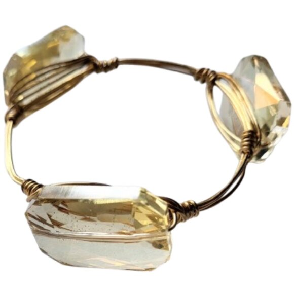 HAND CRAFTED Light Yellow Gold Glass Stone Wire Wrapped Cuff Bangle Bracelet - Picture 2 of 5